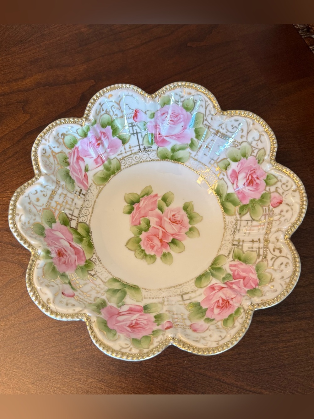 Authentic Antique Nippon Hand-Painted Porcelain 10 in Bowl Pink Cabbage Roses